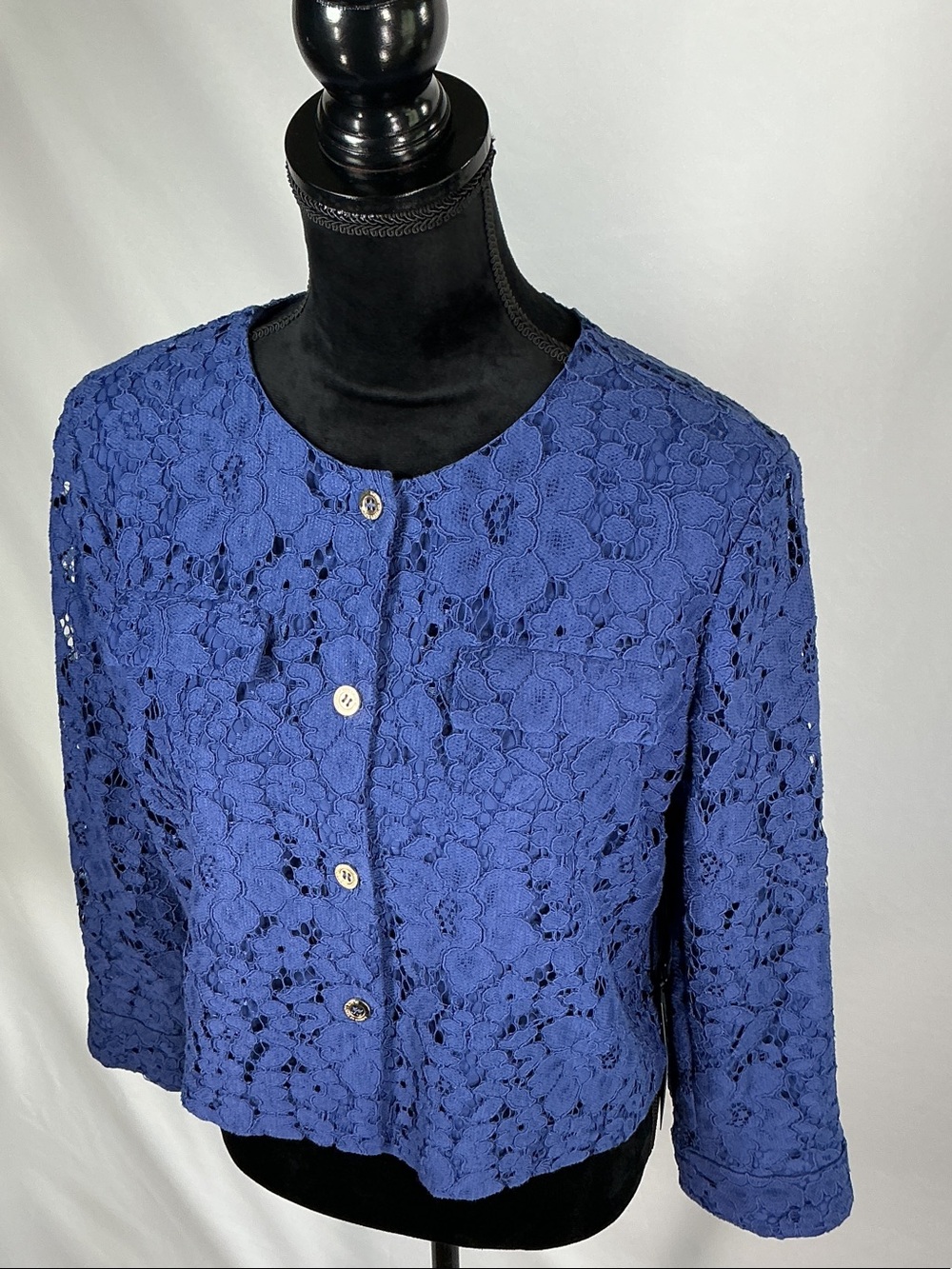 Chico's Black Label Lace Cropped Blazer Jacket Size 1 M Medium 8 Creekside Blue - Picture 2 of 16